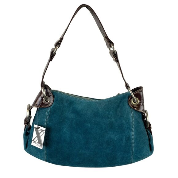 Maxx New York Belted Teal Blue Brushed Leather Steel Ring Handbag - Picture 2 of 10